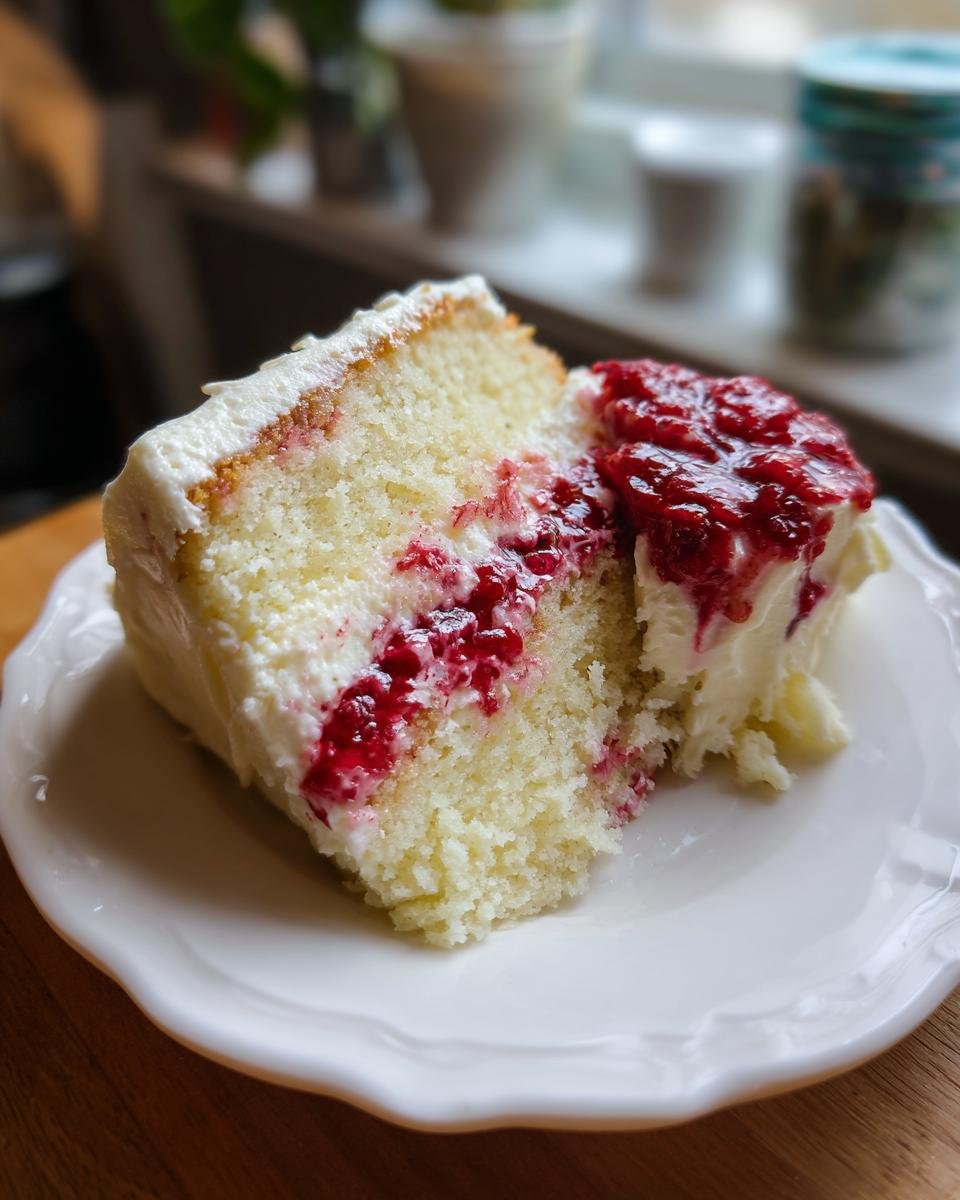 Gros plan d'une part de gâteau chocolat blanc framboise avec un glaçage crémeux et une compotée de framboises.