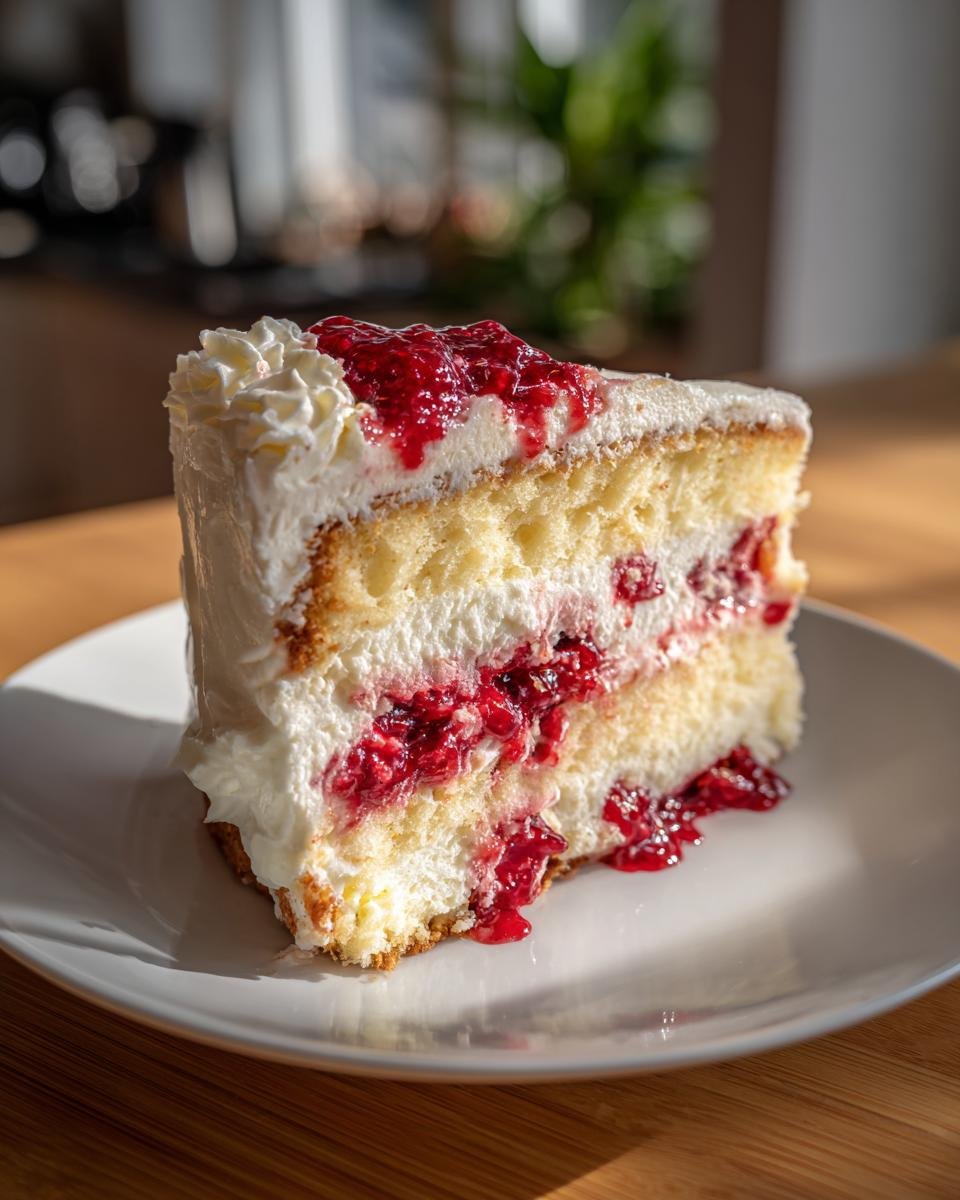 Une part généreuse de Gâteau Chocolat Blanc Framboise, avec de la crème et des framboises.