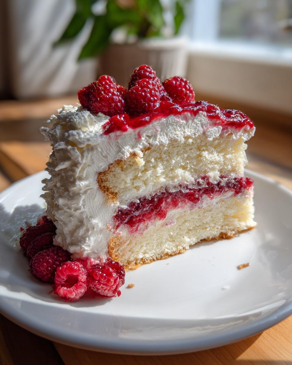 Gros plan d'une part de gâteau Chocolat Blanc Framboise, garnie de framboises fraîches et de chantilly.