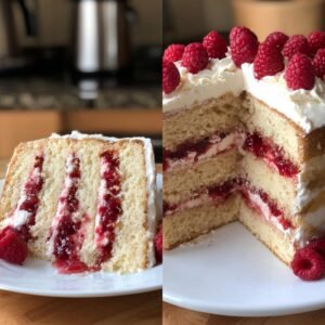 Gros plan sur une tranche de gâteau chocolat blanc framboise, avec couches de génoise, crème et confiture de framboise.