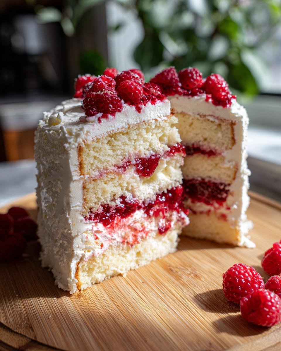 Gros plan d'une tranche de Gâteau Chocolat Blanc Framboise sur une planche en bois, garnie de framboises fraîches.