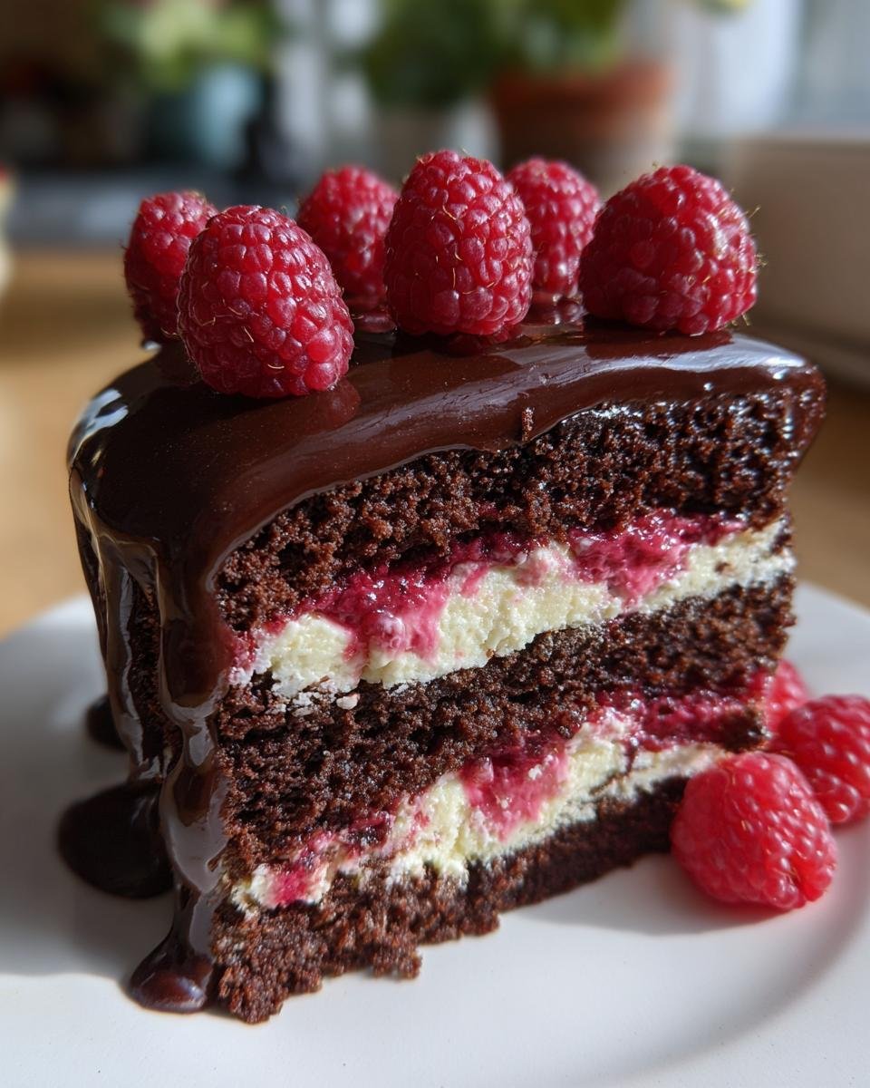 Gros plan d'une part de gâteau au chocolat et framboises, garnie de glaçage au chocolat et de framboises fraîches.