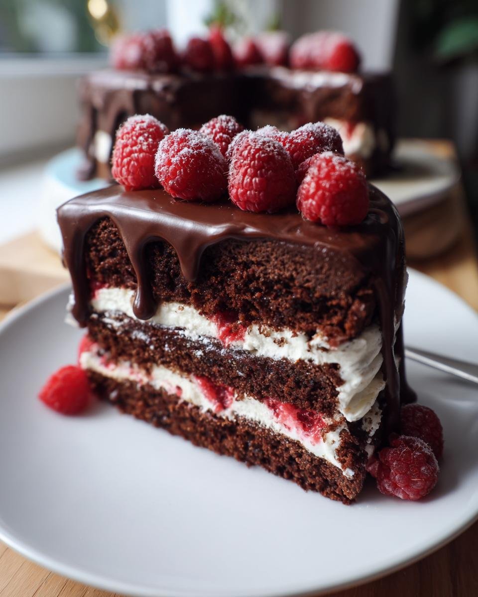 Gros plan d'une part de gâteau au chocolat et framboises, garnie de chantilly et de framboises fraîches.