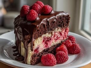 Gros plan d'une part de gâteau au chocolat et framboises, garnie de framboises fraîches et de glaçage au chocolat.
