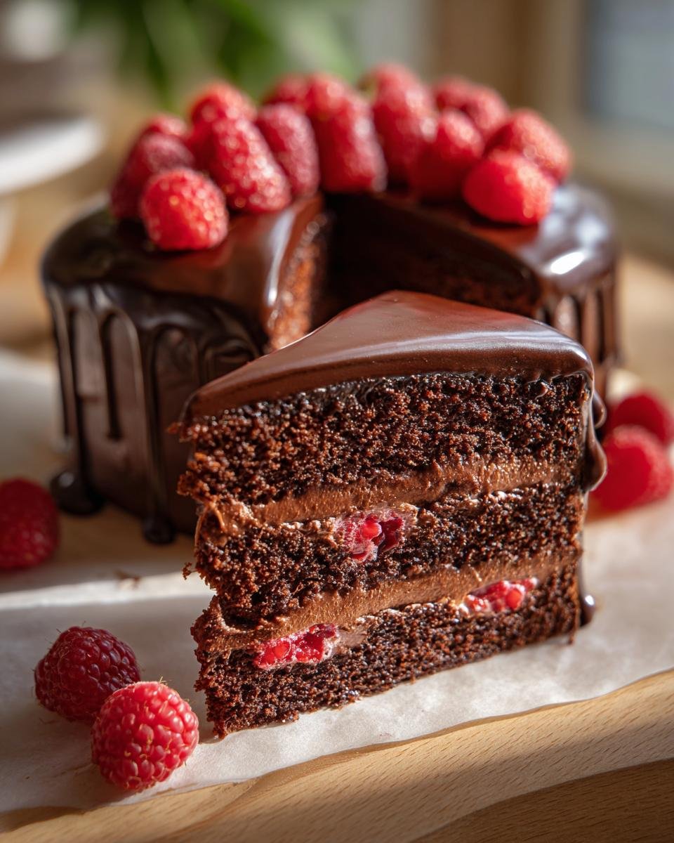 Gros plan sur une part de gâteau au chocolat et framboises, avec glaçage au chocolat et framboises fraîches.