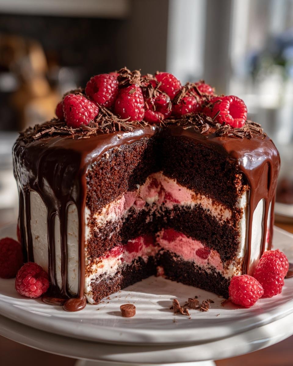 Gâteau au Chocolat et Framboises : 1 recette divine 1 Gros plan d'une part de gâteau au chocolat et framboises, avec glaçage au chocolat et framboises fraîches.