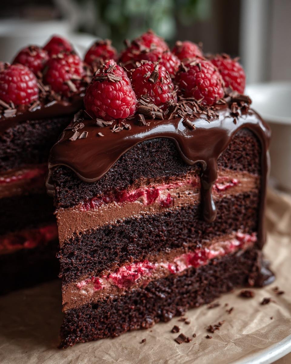 Gâteau au Chocolat et Framboises : 1 recette divine 3 Gros plan sur une tranche de gâteau au chocolat et framboises, garnie de framboises fraîches et de copeaux de chocolat.