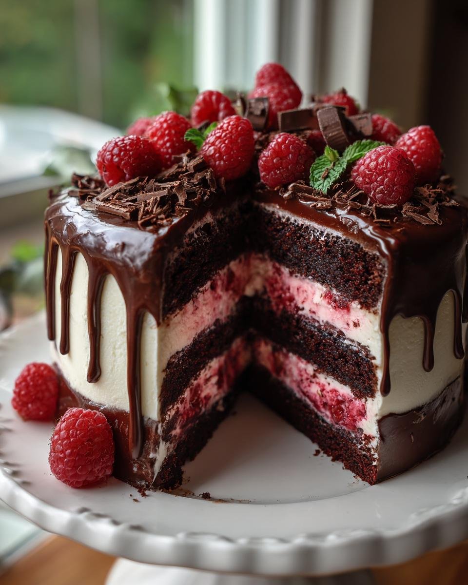 Gâteau au Chocolat et Framboises : 1 recette divine 4 Gros plan d'une tranche de gâteau au chocolat et framboises, garni de fruits rouges frais et de copeaux de chocolat.