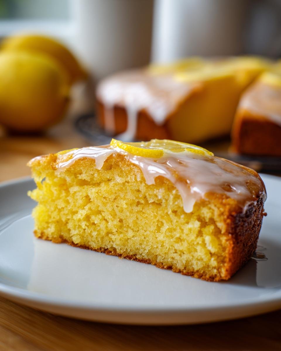 Lemon Brownies Recipe : 9 bouchées incroyables 4 Gros plan d'une tranche de gâteau au citron avec un glaçage blanc et des tranches de citron.