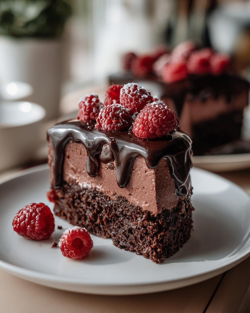 Gros plan d'une part de Gâteau Mousse Chocolat Framboise, garnie de framboises fraîches et de glaçage au chocolat.