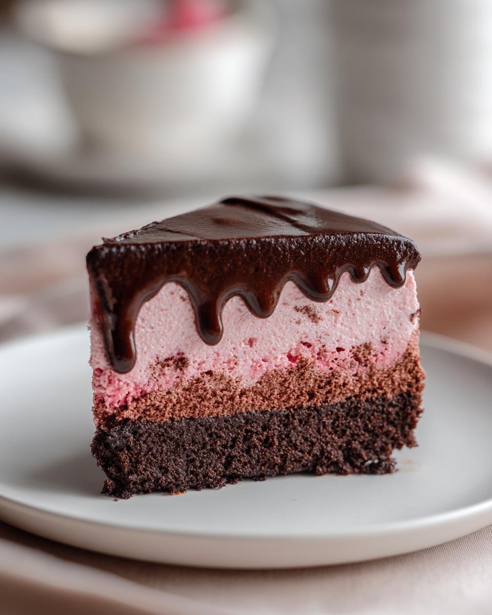 Une part généreuse de Gâteau Mousse Chocolat Framboise avec un glaçage au chocolat fondant.