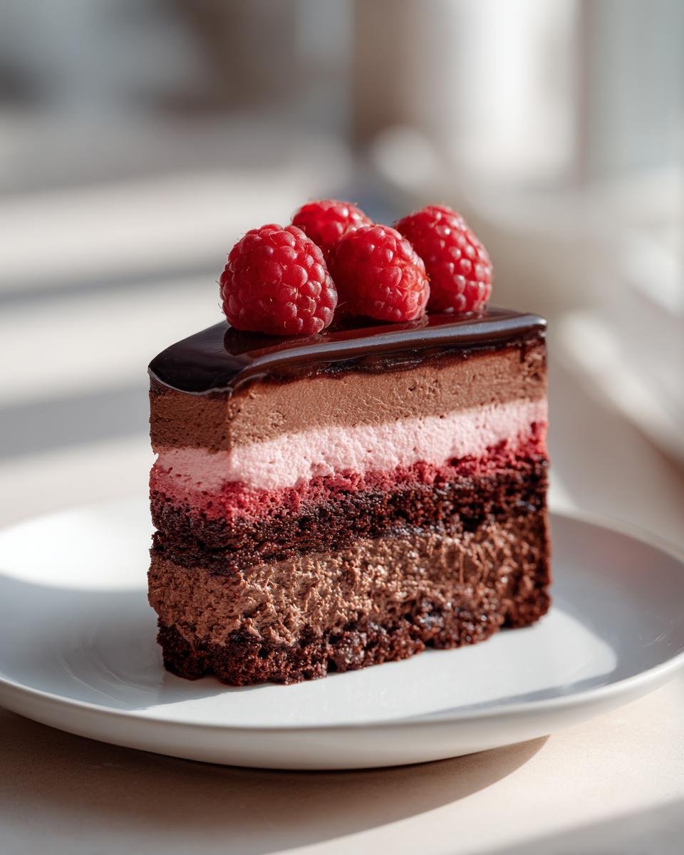 Gros plan d'une tranche de Gâteau Mousse Chocolat Framboise sur une assiette blanche, décoré de framboises fraîches.