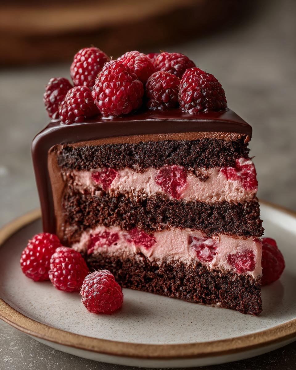 Gros plan d'une part de Gâteau Mousse Chocolat Noir Framboise garnie de framboises fraîches.