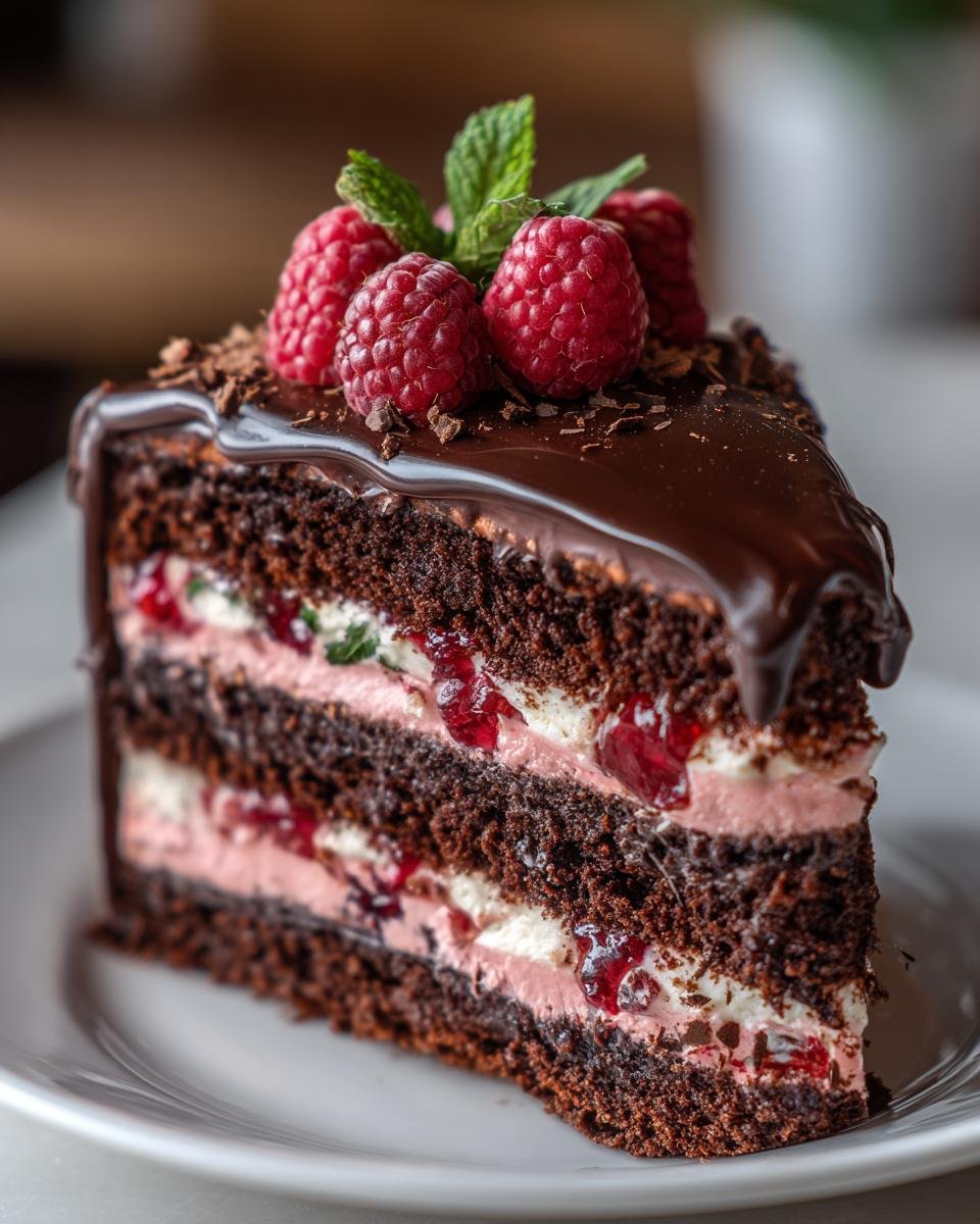 Gros plan d'une part de Gâteau Mousse Chocolat Noir Framboise, garnie de framboises fraîches et de menthe.