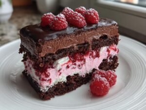 Gros plan d'une part de Gâteau Mousse Chocolat Noir Framboise, garnie de framboises fraîches.