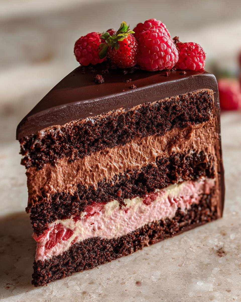 Gros plan d'une part de gâteau mousse chocolat noir framboise, garnie de framboises fraîches.