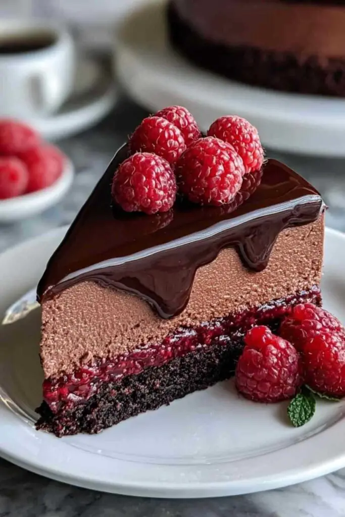 Gâteau mousse au chocolat avec framboises fraîches et glaçage brillant