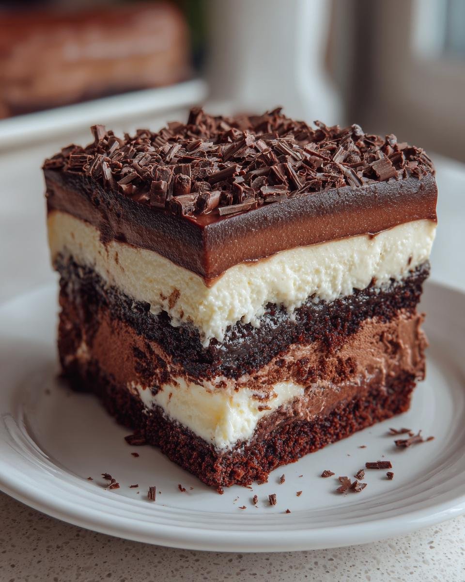 Gâteau Réfrigéré aux Brownies : 3 couches divines 4 Gros plan d'une part de Gâteau Réfrigéré aux Brownies à 3 couches, garnie de copeaux de chocolat.