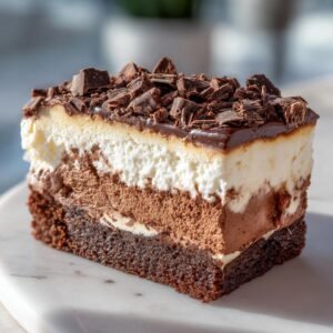 Gros plan d'une tranche de gâteau réfrigéré aux brownies, avec trois couches distinctes et garni de copeaux de chocolat.