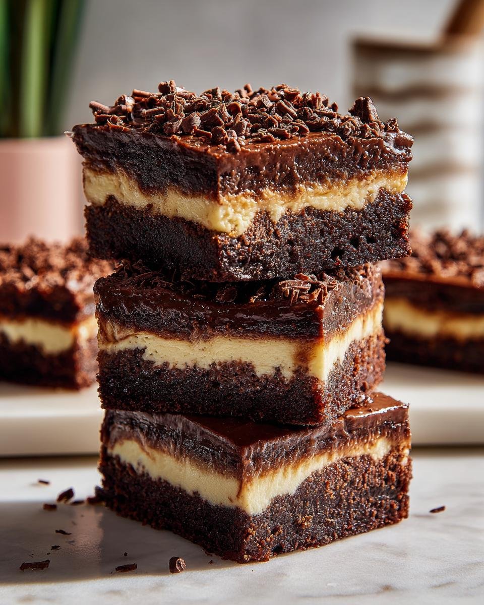 Gâteau Réfrigéré aux Brownies : 3 couches divines 1 Gâteau Réfrigéré aux Brownies à 3 couches, garni de copeaux de chocolat.