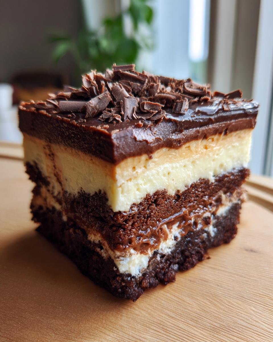 Gâteau Réfrigéré aux Brownies : 3 couches divines 3 Gros plan d'une tranche de Gâteau Réfrigéré aux Brownies à 3 couches, garni de copeaux de chocolat.