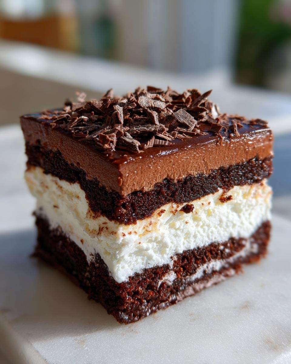 Gâteau Réfrigéré aux Brownies : 3 couches divines 2 Tranche de gâteau réfrigéré aux brownies à 3 couches, garnie de copeaux de chocolat.