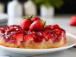 Gâteau renversé aux fraises démoulé avec fraises caramélisées dessus