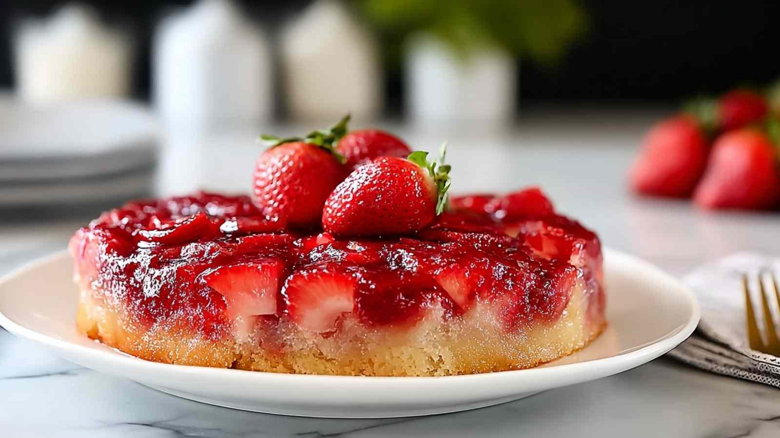 Gâteau renversé aux fraises démoulé avec fraises caramélisées dessus