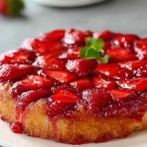 Gâteau renversé aux fraises démoulé avec fraises caramélisées dessus