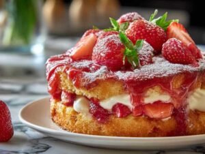 Gâteau renversé aux fraises français traditionnel avec fraises caramélisées