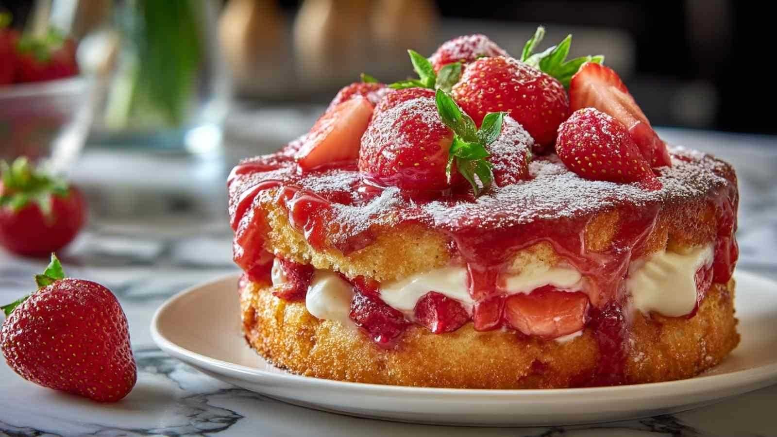 Gâteau renversé aux fraises français traditionnel avec fraises caramélisées