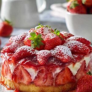 Gâteau renversé aux fraises démoulé sur plat de service