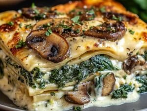 Lasagne crémeuse aux épinards et champignons dorée et fumante