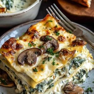 Lasagne crémeuse aux épinards et champignons dorée et fumante