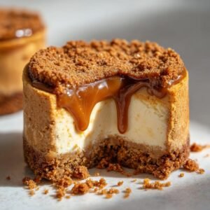 Gros plan d'un mini cheesecake Biscoff sans cuisson, garni de miettes de biscuits et de sauce caramel dégoulinante.