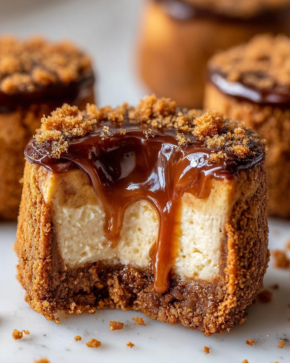 Gros plan d'un mini cheesecake Biscoff sans cuisson coulant avec du caramel et des miettes de Biscoff.