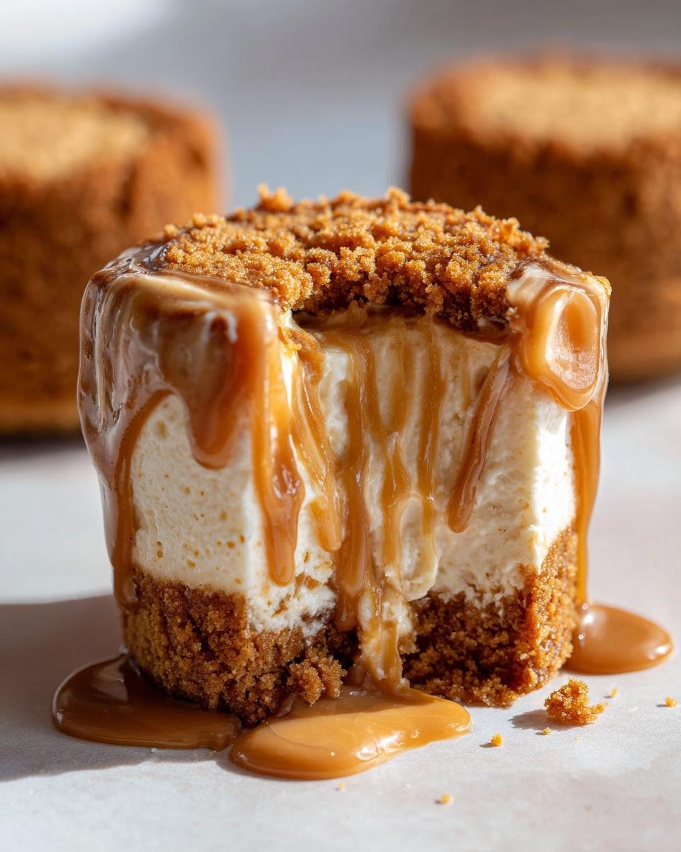 Gros plan d'un mini cheesecake Biscoff sans cuisson, nappé de sauce caramel et garni de miettes.