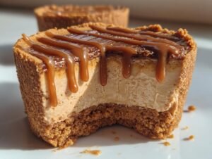 Gros plan d'un mini cheesecake Biscoff sans cuisson avec une garniture au caramel coulante.
