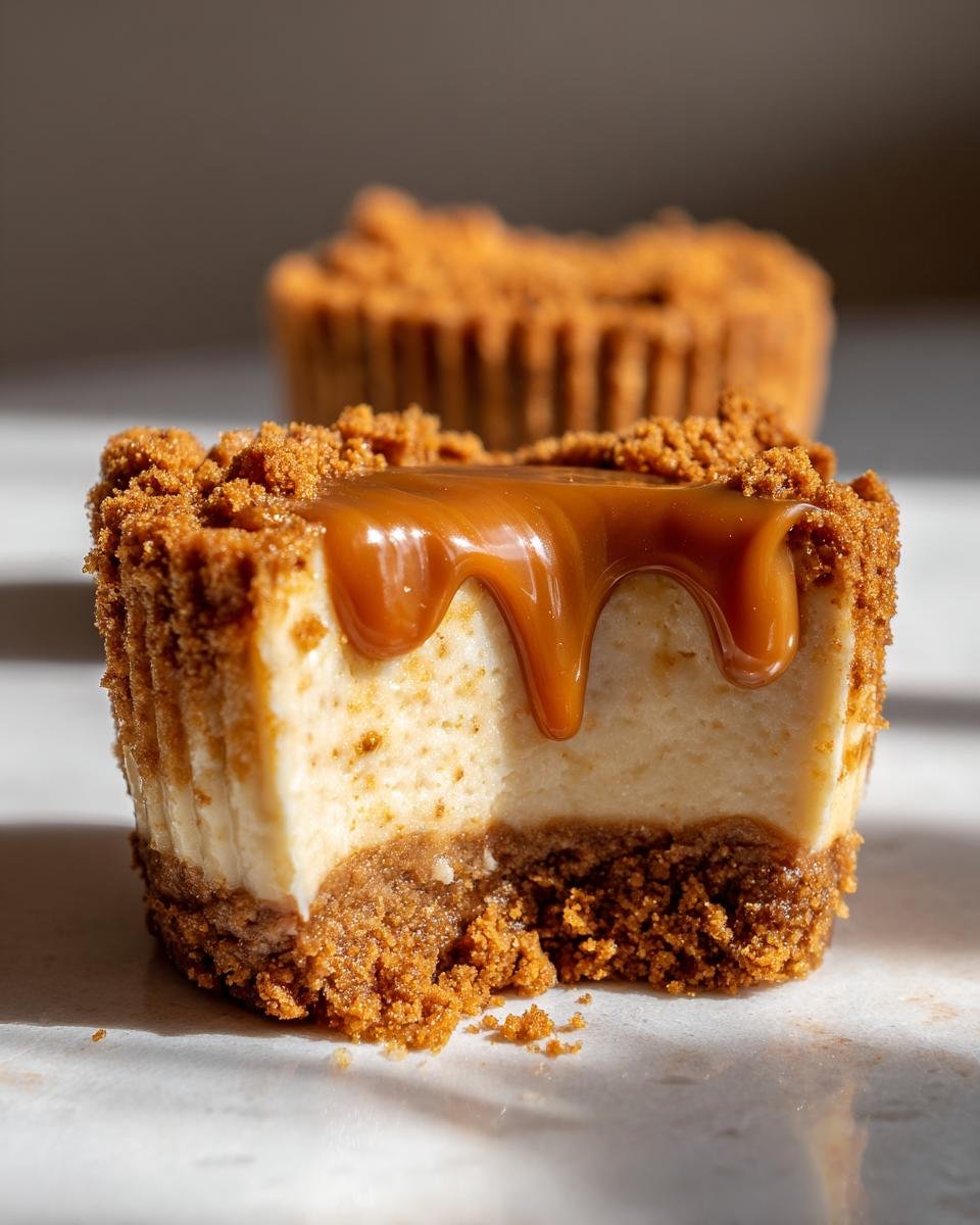 Gros plan sur un mini cheesecake Biscoff sans cuisson, garni de miettes de Biscoff et d'un coulis de caramel coulant.