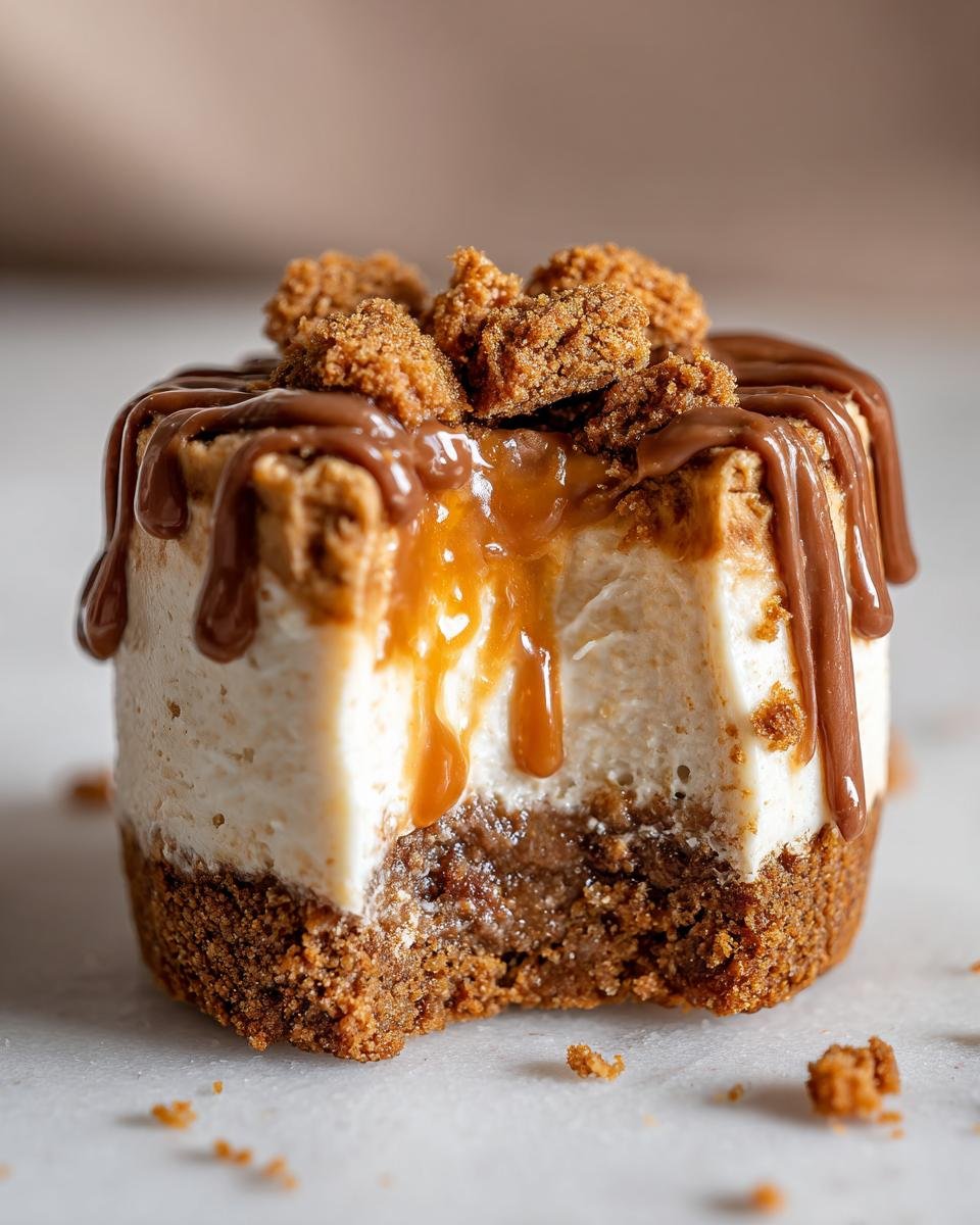 Gros plan d'un mini cheesecake Biscoff sans cuisson avec coulis de caramel et miettes de Biscoff.