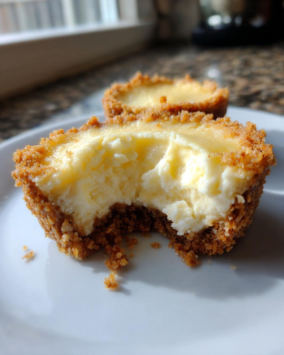 Gros plan d'un mini cheesecake au citron avec une bouchée retirée, montrant sa texture crémeuse et sa croûte croustillante.