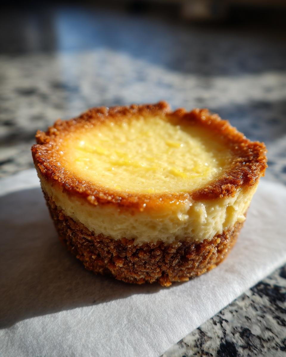Mini Cheesecakes Citron: Délice 100% Rapide 1 Gros plan d'un mini cheesecake au citron avec une croûte dorée et une garniture crémeuse.