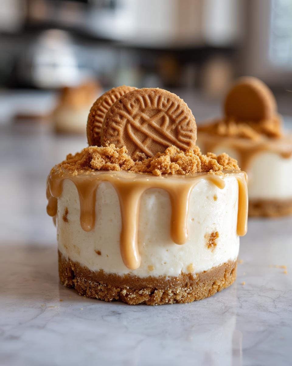 Un mini cheesecake Lotus Biscoff sans cuisson garni de biscuits, miettes et coulis caramel.
