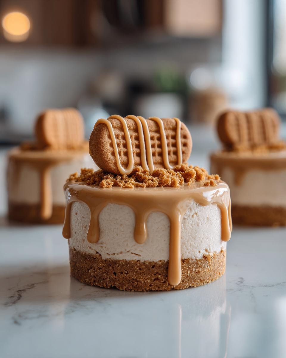 Gros plan d'un mini cheesecake Lotus Biscoff sans cuisson, garni de biscuit et de sauce caramel.