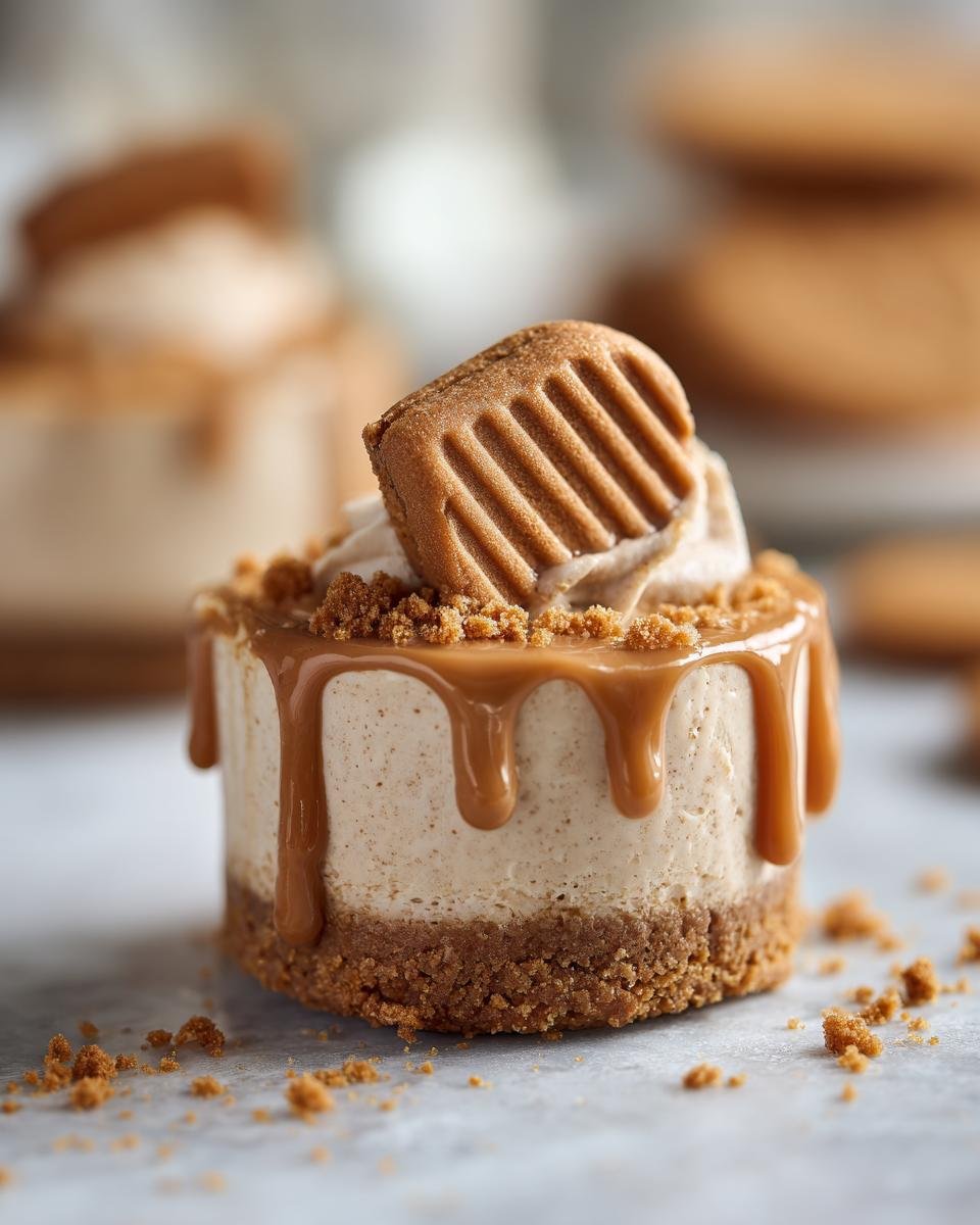 Gros plan d'un mini cheesecake Lotus Biscoff sans cuisson garni de caramel et de miettes de biscuit.