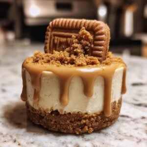 Gros plan d'un mini cheesecake Lotus Biscoff sans cuisson garni de sauce caramel et d'un biscuit.