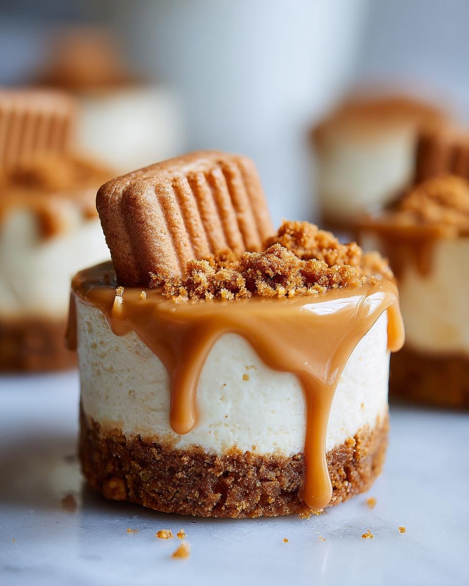 Gros plan d'un mini cheesecake Lotus Biscoff sans cuisson, garni de sauce caramel et d'un biscuit.