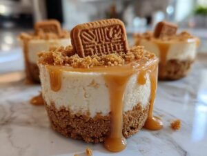 Gros plan d'un mini cheesecake Lotus Biscoff sans cuisson, garni de sauce caramel et de miettes de biscuit.