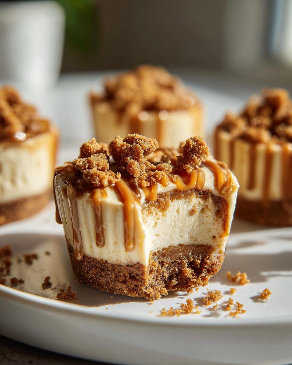 Gros plan d'un mini cheesecake Biscoff sans cuisson, avec une bouchée retirée, garni de miettes de Biscoff et de caramel coulant.