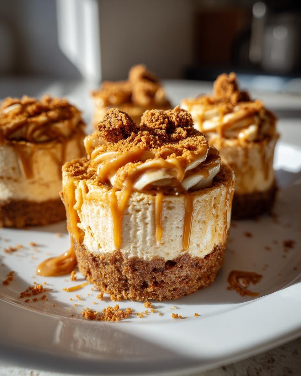 Gros plan sur des mini cheesecakes Biscoff sans cuisson garnis de sauce caramel et de miettes de biscuits.